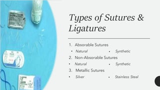 Types of Sutures &
Ligatures
1. Absorable Sutures
• Natural • Synthetic
2. Non-Absorable Sutures
• Natural • Synthetic
3. Metallic Sutures
• Silver • Stainless Steal
 