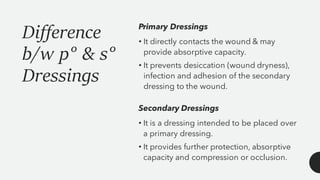 Secondary Dressings
Primary Dressings
• It directly contacts the wound & may
provide absorptive capacity.
• It prevents desiccation (wound dryness),
infection and adhesion of the secondary
dressing to the wound.
• It is a dressing intended to be placed over
a primary dressing.
• It provides further protection, absorptive
capacity and compression or occlusion.
Difference
b/w p° & s°
Dressings
 