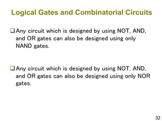 32
Logical Gates and Combinatorial Circuits
Any circuit which is designed by using NOT, AND,
and OR gates can also be designed using only
NAND gates.
Any circuit which is designed by using NOT, AND,
and OR gates can also be designed using only NOR
gates.
 