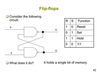42
Flip-flops
 Consider the following
circuit:
 What does it do?
R
S
Q
Q’
R S Function
1 0 Reset
0 1 Set
1 1 Hold
0 0 1/1
It holds a single bit of memory.
 