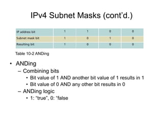 IPv4 Subnet Masks (cont’d.)
• ANDing
– Combining bits
• Bit value of 1 AND another bit value of 1 results in 1
• Bit value of 0 AND any other bit results in 0
– ANDing logic
• 1: “true”, 0: “false
Table 10-2 ANDing
 