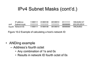 IPv4 Subnet Masks (cont’d.)
• ANDing example
– Address’s fourth octet
• Any combination of 1s and 0s
• Results in network ID fourth octet of 0s
Figure 10-2 Example of calculating a host’s network ID
 