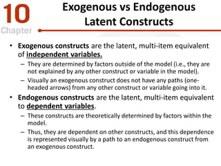 Exogenous vs Endogenous
Latent Constructs
• Exogenous constructs are the latent, multi-item equivalent
of independent variables.
– They are determined by factors outside of the model (i.e., they are
not explained by any other construct or variable in the model).
– Visually an exogenous construct does not have any paths (one-
headed arrows) from any other construct or variable going into it.
• Endogenous constructs are the latent, multi-item equivalent
to dependent variables.
– These constructs are theoretically determined by factors within the
model.
– Thus, they are dependent on other constructs, and this dependence
is represented visually by a path to an endogenous construct from
an exogenous construct.
 