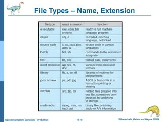 10.10 Silberschatz, Galvin and Gagne ©2009
Operating System Concepts – 8th
Edition
File Types – Name, Extension
 