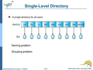 10.20 Silberschatz, Galvin and Gagne ©2009
Operating System Concepts – 8th
Edition
Single-Level Directory
 A single directory for all users
Naming problem
Grouping problem
 