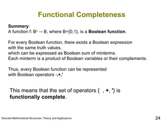 Discrete Mathematical Structures: Theory and Applications 24
Functional Completeness
This means that the set of operators {.
, +, '} is
functionally complete.
Summery:
A function f: Bn
 B, where B={0,1}, is a Boolean function.
For every Boolean function, there exists a Boolean expression
with the same truth values,
which can be expressed as Boolean sum of minterms.
Each minterm is a product of Boolean variables or their complements.
Thus, every Boolean function can be represented
with Boolean operators ·,+,'
 