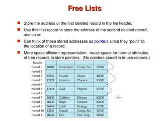 Free Lists
Free Lists
 Store the address of the first deleted record in the file header.
 Use this first record to store the address of the second deleted record,
and so on
 Can think of these stored addresses as pointers since they “point” to
the location of a record.
 More space efficient representation: reuse space for normal attributes
of free records to store pointers. (No pointers stored in in-use records.)
 