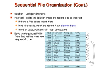 Sequential File Organization (Cont.)
Sequential File Organization (Cont.)
 Deletion – use pointer chains
 Insertion –locate the position where the record is to be inserted
 if there is free space insert there
 if no free space, insert the record in an overflow block
 In either case, pointer chain must be updated
 Need to reorganize the file
from time to time to restore
sequential order
 