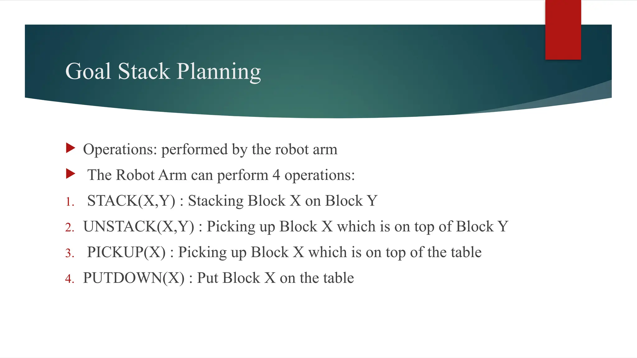 Goal Stack Planning
 Operations: performed by the robot arm
 The Robot Arm can perform 4 operations:
1. STACK(X,Y) : Stacking Block X on Block Y
2. UNSTACK(X,Y) : Picking up Block X which is on top of Block Y
3. PICKUP(X) : Picking up Block X which is on top of the table
4. PUTDOWN(X) : Put Block X on the table
 