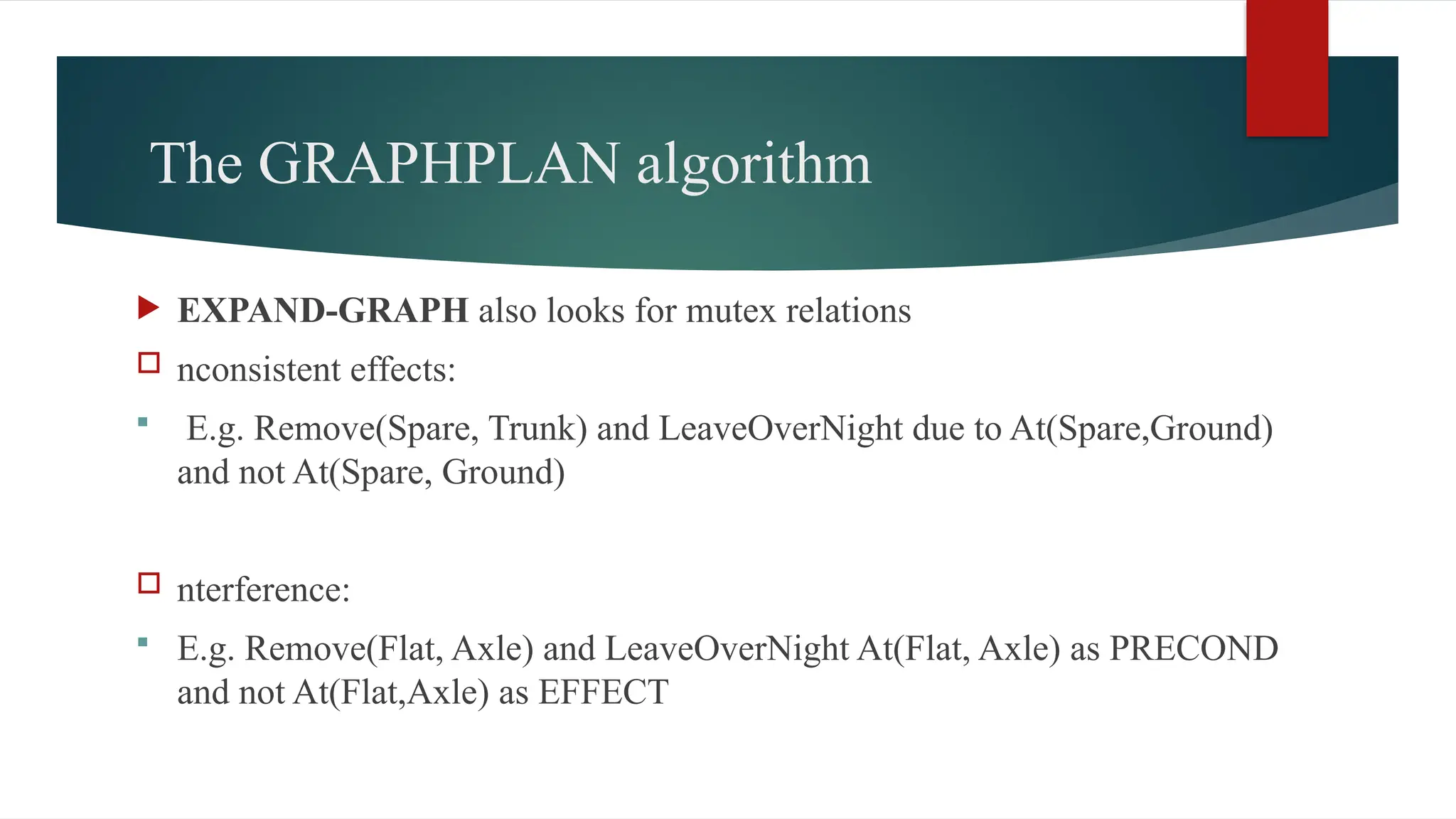The GRAPHPLAN algorithm
 EXPAND-GRAPH also looks for mutex relations
 nconsistent effects:
 E.g. Remove(Spare, Trunk) and LeaveOverNight due to At(Spare,Ground)
and not At(Spare, Ground)
 nterference:
 E.g. Remove(Flat, Axle) and LeaveOverNight At(Flat, Axle) as PRECOND
and not At(Flat,Axle) as EFFECT
 