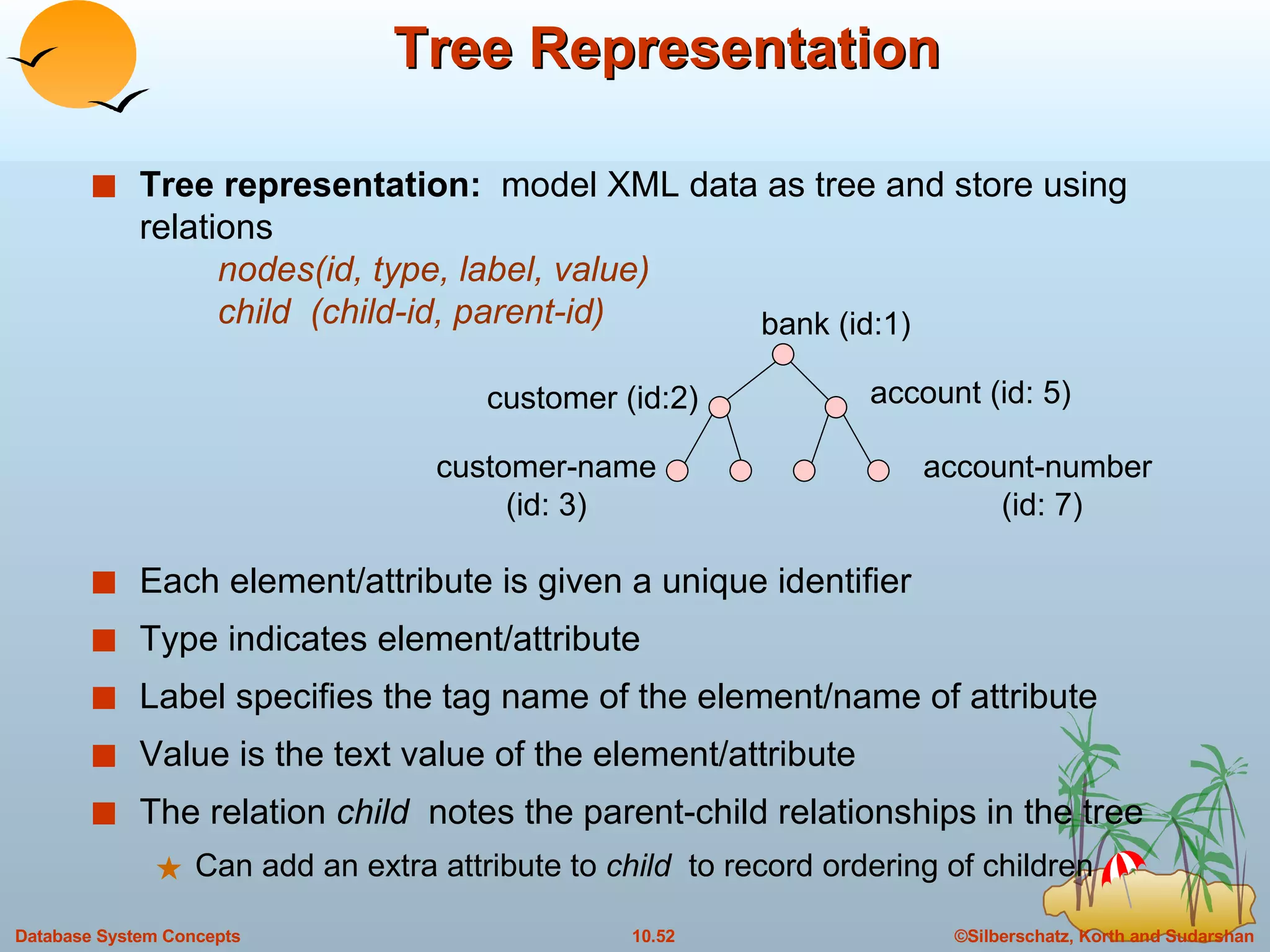 Tree Representation Tree representation:  model XML data as tree and store using relations   nodes(id, type, label, value)   child  (child-id, parent-id) Each element/attribute is given a unique identifier Type indicates element/attribute Label specifies the tag name of the element/name of attribute Value is the text value of the element/attribute The relation  child  notes the parent-child relationships in the tree Can add an extra attribute to  child  to record ordering of children bank (id:1) customer (id:2) account (id: 5) customer-name (id: 3) account-number  (id: 7) 