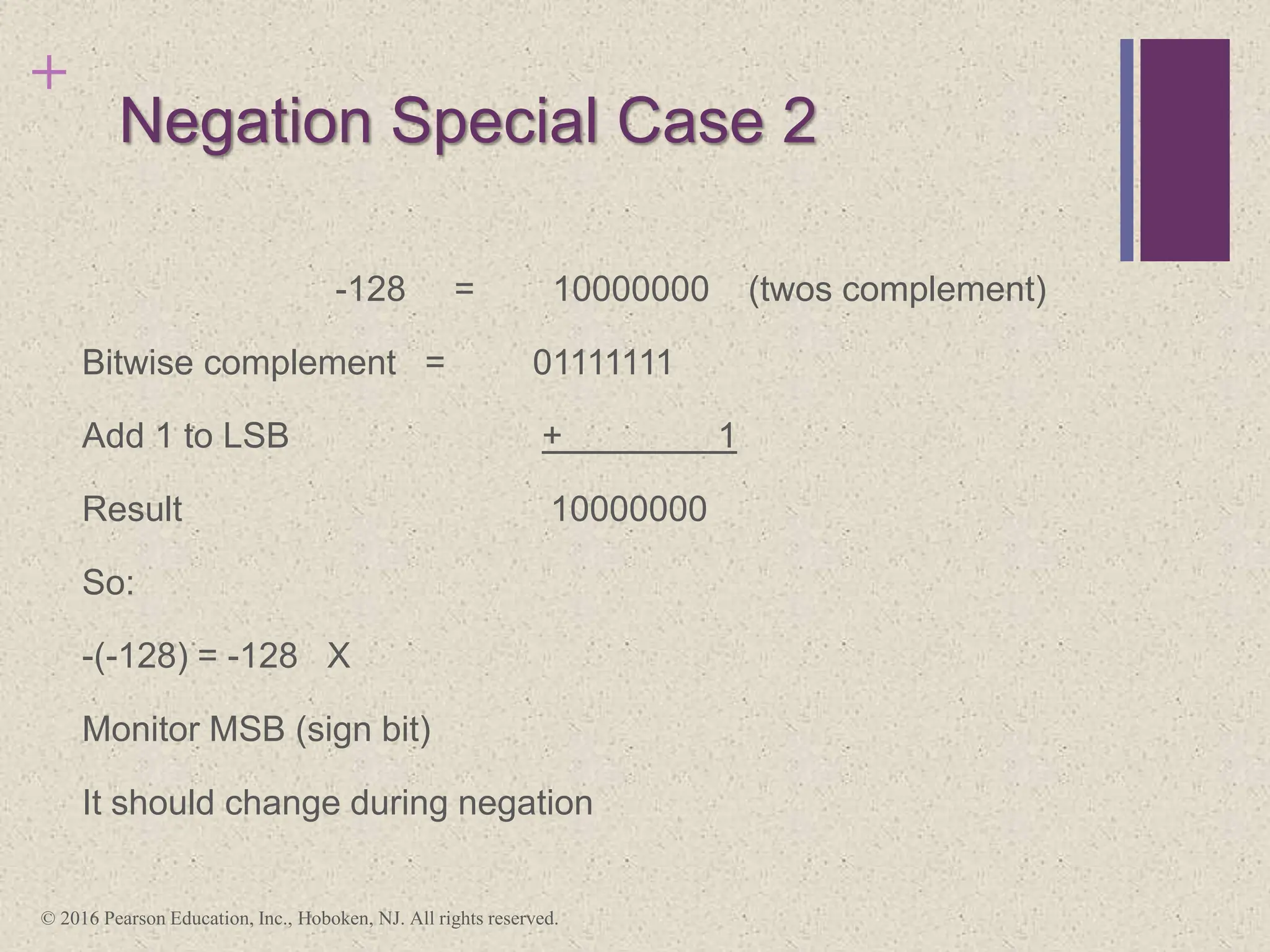 +
Negation Special Case 2
-128 = 10000000 (twos complement)
Bitwise complement = 01111111
Add 1 to LSB + 1
Result 10000000
So:
-(-128) = -128 X
Monitor MSB (sign bit)
It should change during negation
© 2016 Pearson Education, Inc., Hoboken, NJ. All rights reserved.
 
