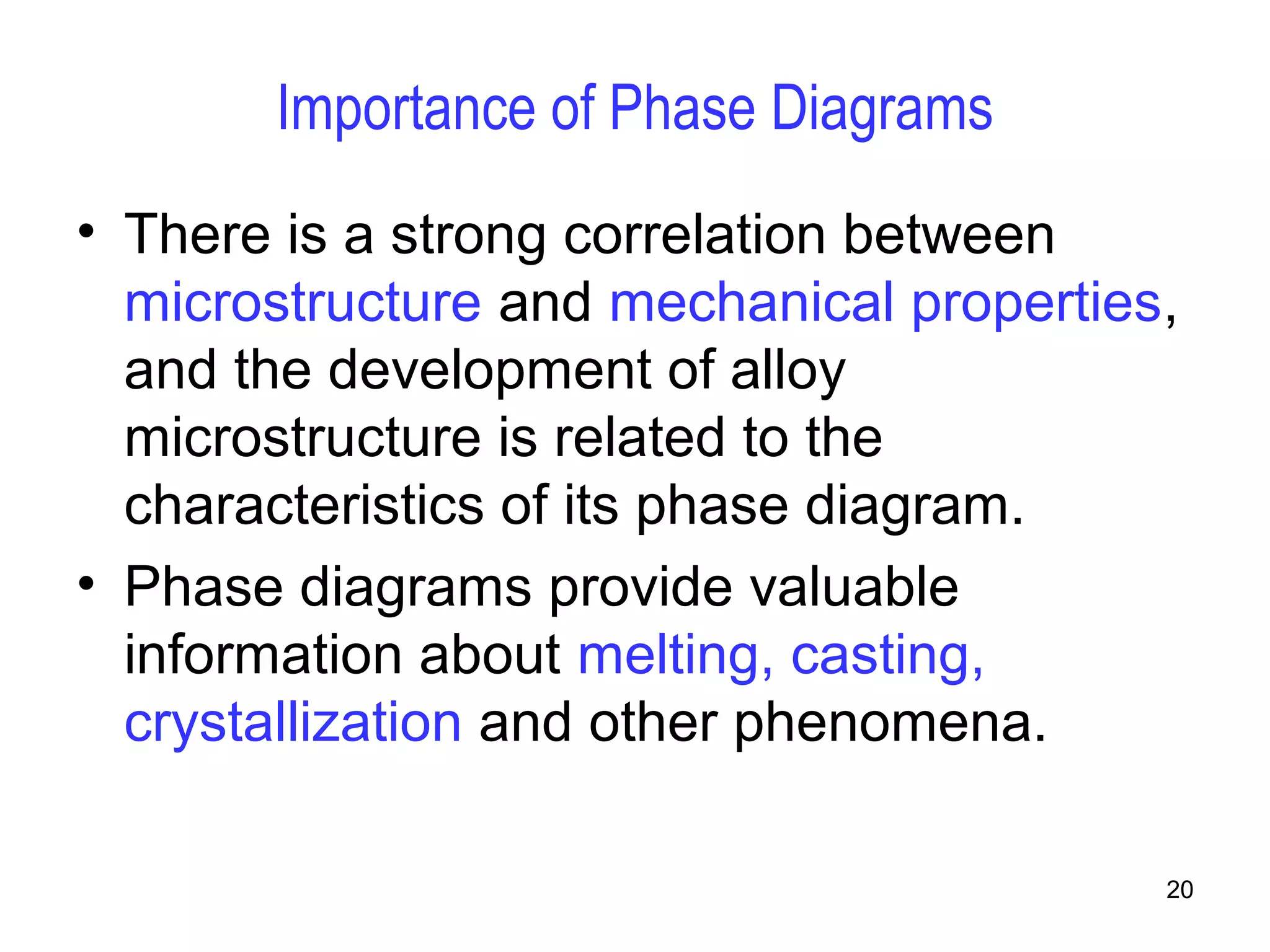 20 
Importance of Phase Diagrams 
• There is a strong correlation between 
microstructure and mechanical properties, 
and the development of alloy 
microstructure is related to the 
characteristics of its phase diagram. 
• Phase diagrams provide valuable 
information about melting, casting, 
crystallization and other phenomena. 
 