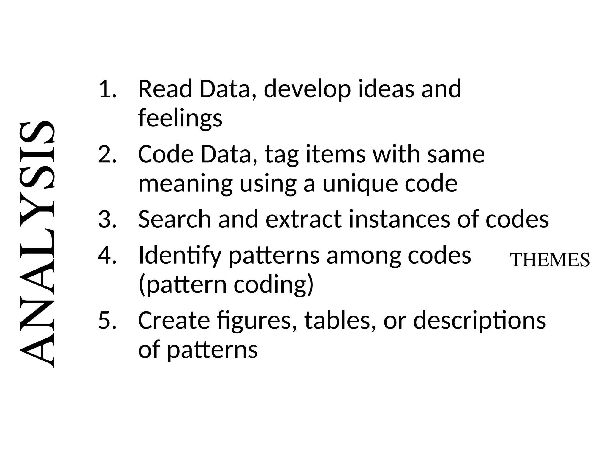 1. Read Data, develop ideas and
feelings
2. Code Data, tag items with same
meaning using a unique code
3. Search and extract instances of codes
4. Identify patterns among codes
(pattern coding)
5. Create figures, tables, or descriptions
of patterns
ANALYSIS
THEMES
 