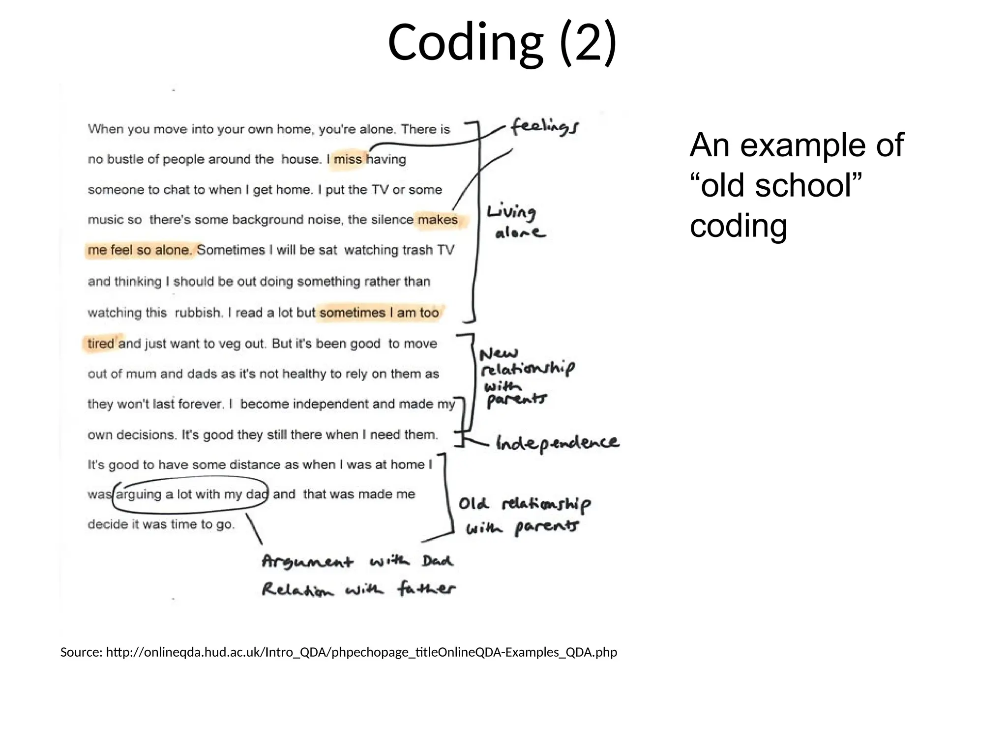 Coding (2)
Source: http://onlineqda.hud.ac.uk/Intro_QDA/phpechopage_titleOnlineQDA-Examples_QDA.php
An example of
“old school”
coding
 
