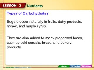 Types of Carbohydrates 
Sugars occur naturally in fruits, dairy products, 
honey, and maple syrup. 
They are also added to many processed foods, 
such as cold cereals, bread, and bakery 
products. 
 