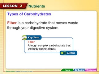 Types of Carbohydrates 
Fiber is a carbohydrate that moves waste 
through your digestive system. 
Fiber 
A tough complex carbohydrate that 
the body cannot digest 
 