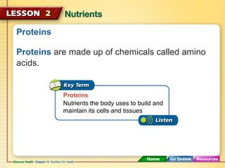 Proteins 
Proteins are made up of chemicals called amino 
acids. 
Proteins 
Nutrients the body uses to build and 
maintain its cells and tissues 
 