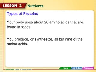 Types of Proteins 
Your body uses about 20 amino acids that are 
found in foods. 
You produce, or synthesize, all but nine of the 
amino acids. 
 