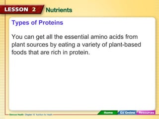 Types of Proteins 
You can get all the essential amino acids from 
plant sources by eating a variety of plant-based 
foods that are rich in protein. 
 