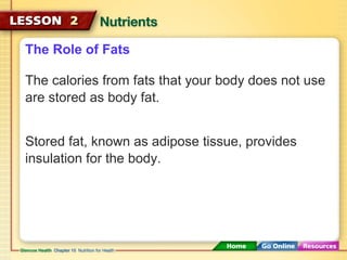 The Role of Fats 
The calories from fats that your body does not use 
are stored as body fat. 
Stored fat, known as adipose tissue, provides 
insulation for the body. 
 