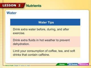 Water 
Water Tips 
Drink extra water before, during, and after 
exercise. 
Drink extra fluids in hot weather to prevent 
dehydration. 
Limit your consumption of coffee, tea, and soft 
drinks that contain caffeine. 
 