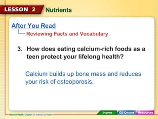 After You Read 
Reviewing Facts and Vocabulary 
3. How does eating calcium-rich foods as a 
teen protect your lifelong health? 
Calcium builds up bone mass and reduces 
your risk of osteoporosis. 
 