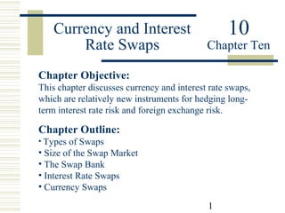 Currency and Interest
Rate Swaps

10

Chapter Ten

Chapter Objective:
This chapter discusses currency and interest rate swaps,
which are relatively new instruments for hedging longterm interest rate risk and foreign exchange risk.

Chapter Outline:
• Types of Swaps

• Size of the Swap Market
• The Swap Bank
• Interest Rate Swaps
• Currency Swaps
1

 