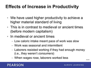 1-10
10-10
Effects of Increase in Productivity
• We have used higher productivity to achieve a
higher material standard of living
• This is in contrast to medieval or ancient times
(before modern capitalism)
• In medieval or ancient times
– Low caloric intake meant pace of work was slow
– Work was seasonal and intermittent
– Laborers resisted working if they had enough money
(i.e., they weren’t consumers)
– When wages rose, laborers worked less
 