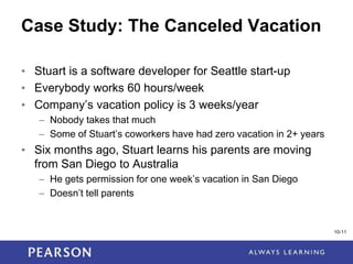 1-11
Case Study: The Canceled Vacation
• Stuart is a software developer for Seattle start-up
• Everybody works 60 hours/week
• Company’s vacation policy is 3 weeks/year
– Nobody takes that much
– Some of Stuart’s coworkers have had zero vacation in 2+ years
• Six months ago, Stuart learns his parents are moving
from San Diego to Australia
– He gets permission for one week’s vacation in San Diego
– Doesn’t tell parents
10-11
 