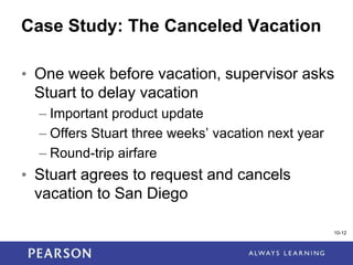 1-12
Case Study: The Canceled Vacation
• One week before vacation, supervisor asks
Stuart to delay vacation
– Important product update
– Offers Stuart three weeks’ vacation next year
– Round-trip airfare
• Stuart agrees to request and cancels
vacation to San Diego
10-12
 