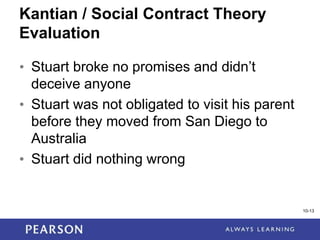 1-13
Kantian / Social Contract Theory
Evaluation
• Stuart broke no promises and didn’t
deceive anyone
• Stuart was not obligated to visit his parent
before they moved from San Diego to
Australia
• Stuart did nothing wrong
10-13
 