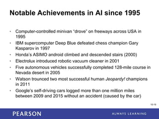 1-19
10-19
Notable Achievements in AI since 1995
• Computer-controlled minivan “drove” on freeways across USA in
1995
• IBM supercomputer Deep Blue defeated chess champion Gary
Kasparov in 1997
• Honda’s ASIMO android climbed and descended stairs (2000)
• Electrolux introduced robotic vacuum cleaner in 2001
• Five autonomous vehicles successfully completed 128-mile course in
Nevada desert in 2005
• Watson trounced two most successful human Jeopardy! champions
in 2011
• Google’s self-driving cars logged more than one million miles
between 2009 and 2015 without an accident (caused by the car)
 