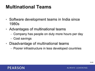 1-35
10-35
Multinational Teams
• Software development teams in India since
1980s
• Advantages of multinational teams
– Company has people on duty more hours per day
– Cost savings
• Disadvantage of multinational teams
– Poorer infrastructure in less developed countries
 