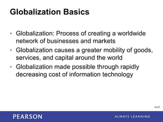 1-37
10-37
Globalization Basics
• Globalization: Process of creating a worldwide
network of businesses and markets
• Globalization causes a greater mobility of goods,
services, and capital around the world
• Globalization made possible through rapidly
decreasing cost of information technology
 