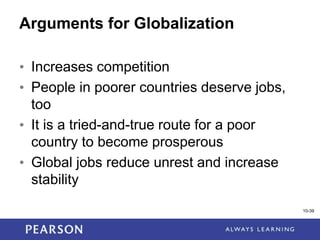 1-39
10-39
Arguments for Globalization
• Increases competition
• People in poorer countries deserve jobs,
too
• It is a tried-and-true route for a poor
country to become prosperous
• Global jobs reduce unrest and increase
stability
 