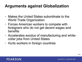 1-40
10-40
Arguments against Globalization
• Makes the United States subordinate to the
World Trade Organization
• Forces American workers to compete with
foreigners who do not get decent wages and
benefits
• Accelerates exodus of manufacturing and white-
collar jobs from United States
• Hurts workers in foreign countries
 