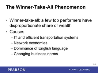 1-55
10-55
The Winner-Take-All Phenomenon
• Winner-take-all: a few top performers have
disproportionate share of wealth
• Causes
– IT and efficient transportation systems
– Network economies
– Dominance of English language
– Changing business norms
 