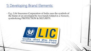 • E.g.: Life Insurance Corporation of India uses the symbols of
the flame of an enveloped by two hands folded in a Namaste,
symbolizing PROTECTION & SECURITY.
1) Developing Brand Elements:
 