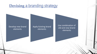 Devising a branding strategy
Develop new brand
elements
Apply Existing brand
elements
Use combination of
old and new brand
elements
 