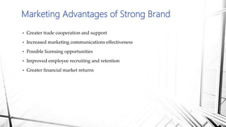  Greater trade cooperation and support
 Increased marketing communications effectiveness
 Possible licensing opportunities
 Improved employee recruiting and retention
 Greater financial market returns
Marketing Advantages of Strong Brand
 
