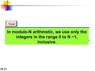 10.11
In modulo-N arithmetic, we use only the
integers in the range 0 to N −1,
inclusive.
Note
 
