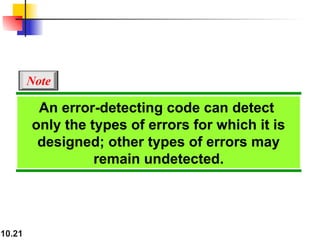 10.21
An error-detecting code can detect
only the types of errors for which it is
designed; other types of errors may
remain undetected.
Note
 