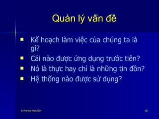 Quản lý vấn đề Kế hoạch làm việc của chúng ta là gì? Cái nào được ứng dụng trước tiên? Nó là thực hay chỉ là những tin đồn? Hệ thống nào được sử dụng? 