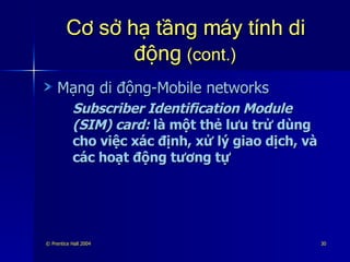 Cơ sở hạ tầng máy tính di động  (cont.) Mạng di động-Mobile networks Subscriber Identification Module (SIM) card:  là một thẻ lưu trử dùng cho việc xác định, xử lý giao dịch, và các hoạt động tương tự 