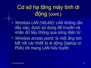 Cơ sở hạ tầng máy tính di động  (cont.) Wireless LAN (WLAN):   LAN không cần dây cáp; được sử dụng để truyền và nhận dữ liệu thông qua sóng điện từ Wireless access point:   là một ăng ten kết nối các thiết bị di dộng (laptop or PDA) tới mạng LAN hữu tuyến 