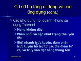 Cơ sở hạ tầng di động và các ứng dụng  (cont.) Các ứng dụng nội doanh không sử dụng Internet Mạng không dây Phân phối và cập nhật trạng thái yêu cầu Giửi nhanh trực tuyến, đàm phán trực tuyến hỗ trợ từ các địa điểm từ xa, và truy vấn đặt hàng/hàng tồn 