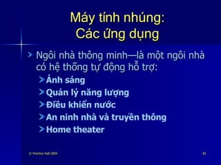 Máy tính nhúng: Các ứng dụng Ngôi nhà thông minh—là một ngôi nhà có hệ thống tự động hỗ trợ: Ánh sáng Quản lý năng lượng Điều khiển nước An ninh nhà và truyền thông Home theater 