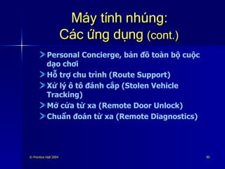 Máy tính nhúng: Các ứng dụng  (cont.) Personal Concierge, bản đồ toàn bộ cuộc dạo chơi Hỗ trợ chu trình (Route Support) Xử lý ô tô đánh cắp (Stolen Vehicle Tracking) Mở cửa từ xa (Remote Door Unlock) Chuẩn đoán từ xa (Remote Diagnostics) 