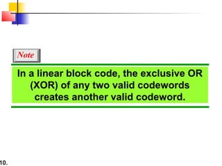 10.
In a linear block code, the exclusive OR
(XOR) of any two valid codewords
creates another valid codeword.
Note
 